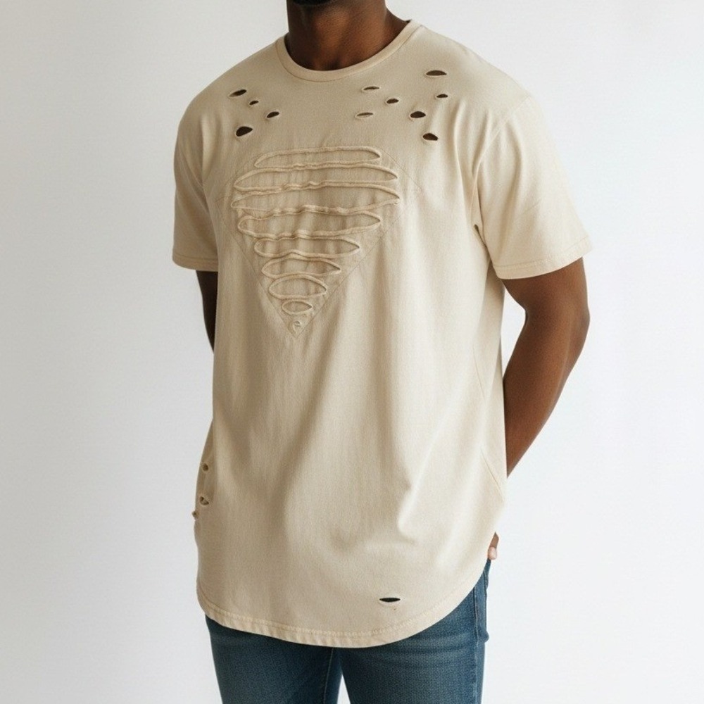KROME Distressed T-Shirt Mens XL Cream Excellent Shredded Diamond Streetwear Tee